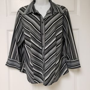 Apt. 9, Grey White Black stripes. Medium, blouse, long-sleeved